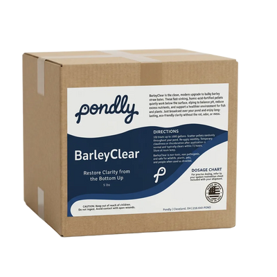 Box of pond treatment labeled 'pondly BarleyClear' on a white background