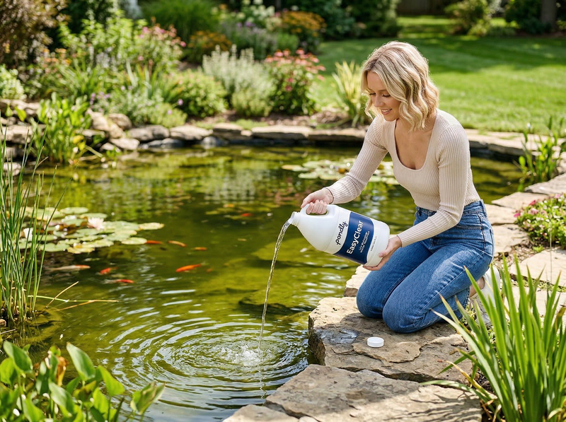Woman pouring a product into a pond with fish, surrounded by garden plants.