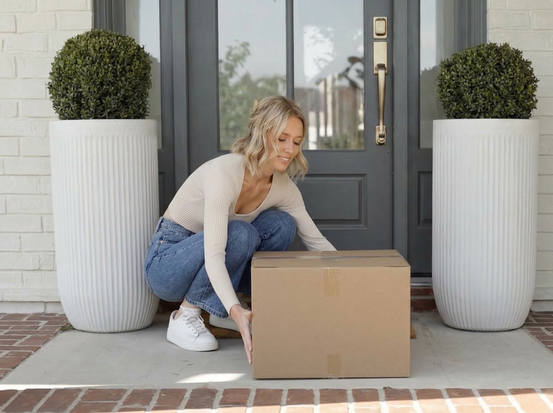 Woman opening a cardboard box on a porch with plants and a door in the background
