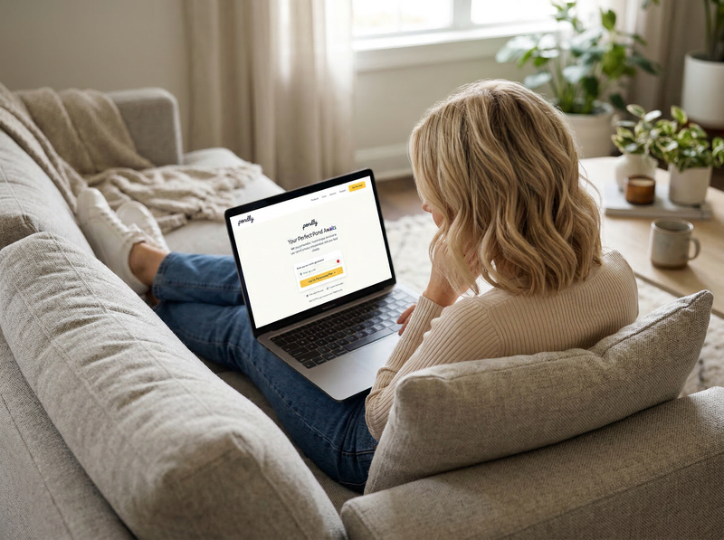 Woman using a laptop on a couch in a cozy living room.